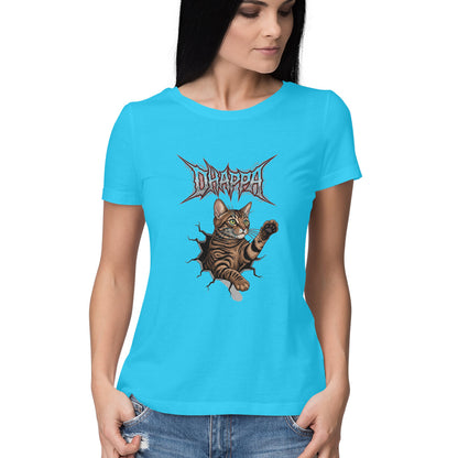 Sky Blue DHAPPA Cat Heavy Metal Logo Women's Half Sleeve TShirt - Funny Tabby Graphic Tee Tshirt