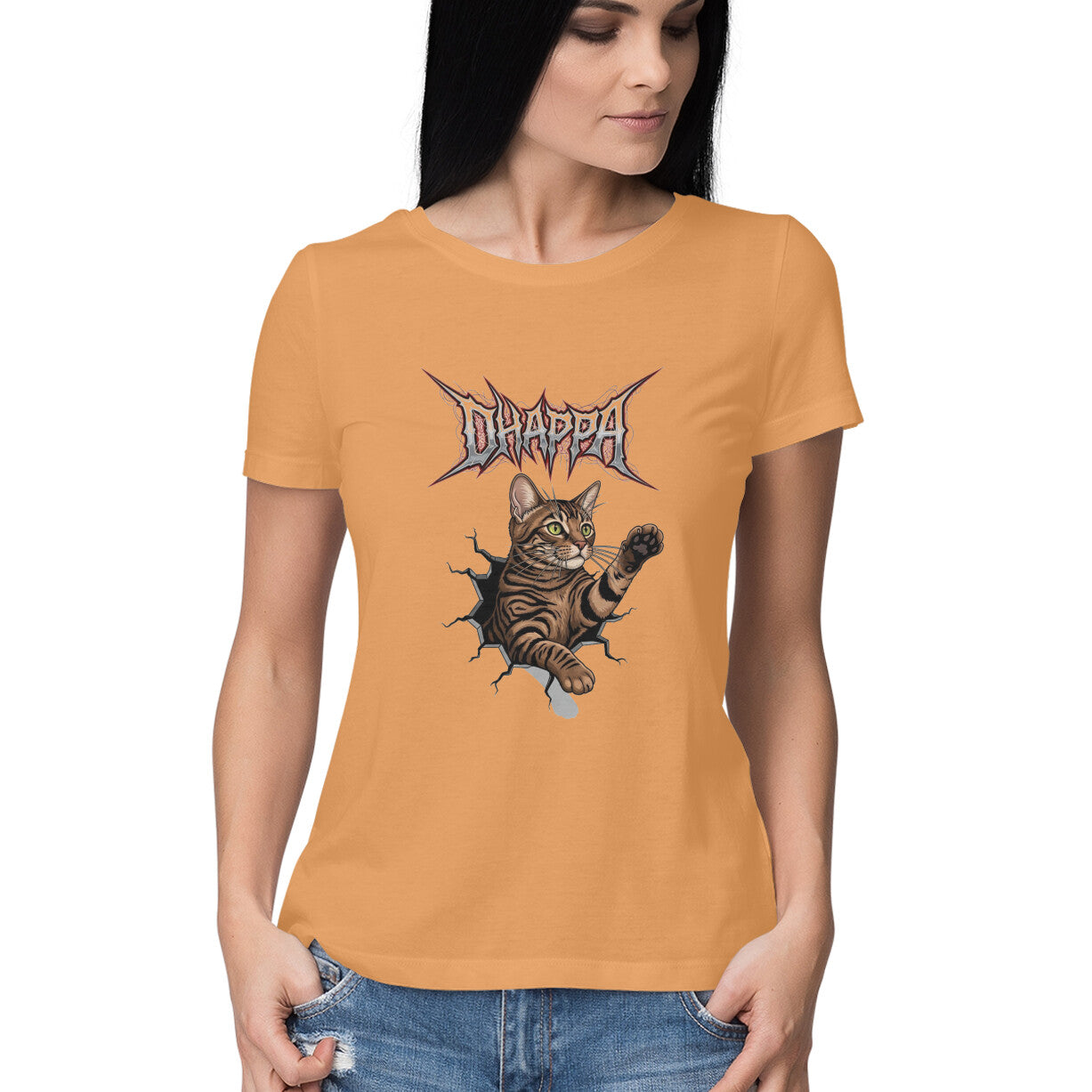 Mustard Yellow DHAPPA Cat Heavy Metal Logo Women's Half Sleeve TShirt - Funny Tabby Graphic Tee Tshirt