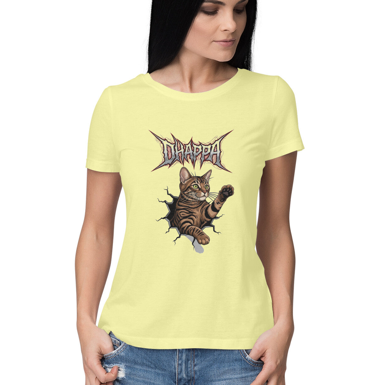 Butter Yellow DHAPPA Cat Heavy Metal Logo Women's Half Sleeve TShirt - Funny Tabby Graphic Tee Tshirt