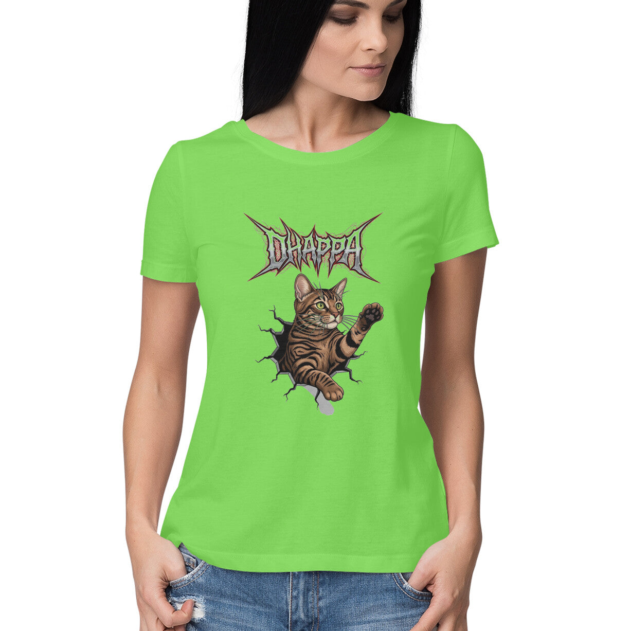 Liril Green DHAPPA Cat Heavy Metal Logo Women's Half Sleeve TShirt - Funny Tabby Graphic Tee Tshirt