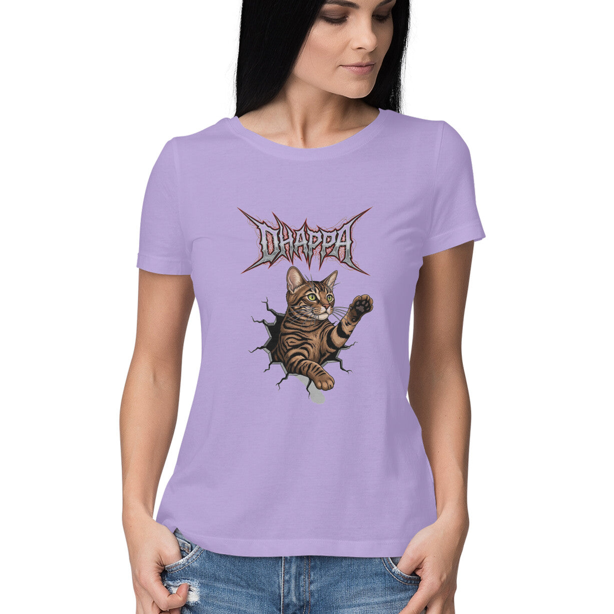 Iris Lavender DHAPPA Cat Heavy Metal Logo Women's Half Sleeve TShirt - Funny Tabby Graphic Tee Tshirt