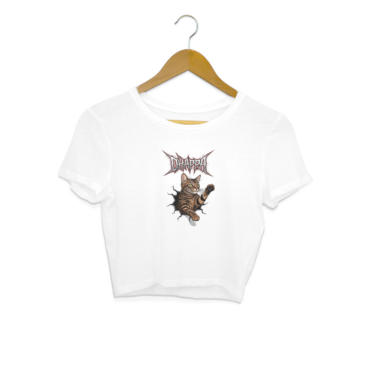 White Death Metal Kitty Crop Top | Edgy Tabby Cat Break Through Graphic Tee Crop Top
