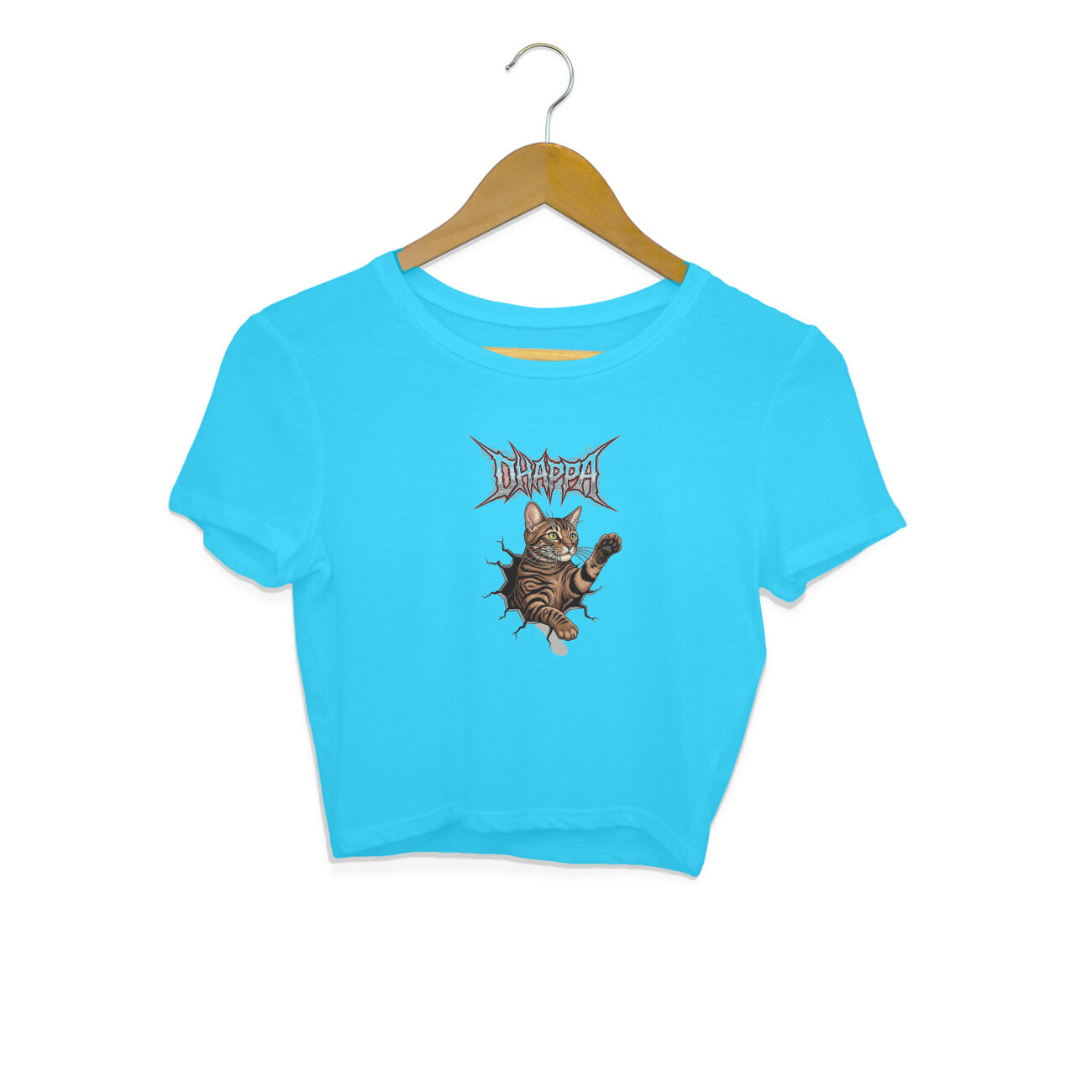 Sky Blue Death Metal Kitty Crop Top | Edgy Tabby Cat Break Through Graphic Tee Crop Top