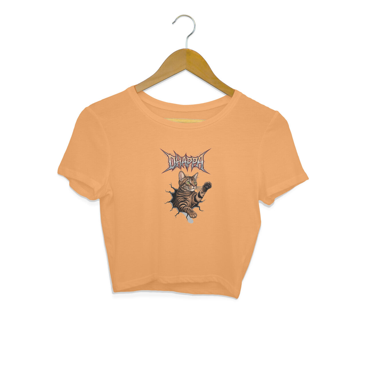 Mustard Yellow Death Metal Kitty Crop Top | Edgy Tabby Cat Break Through Graphic Tee Crop Top