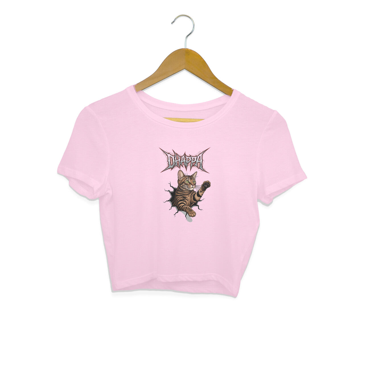 Light Pink Death Metal Kitty Crop Top | Edgy Tabby Cat Break Through Graphic Tee Crop Top