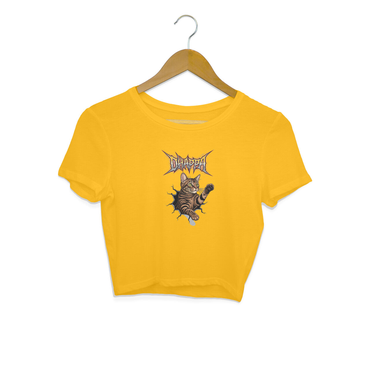 Golden Yellow Death Metal Kitty Crop Top | Edgy Tabby Cat Break Through Graphic Tee Crop Top