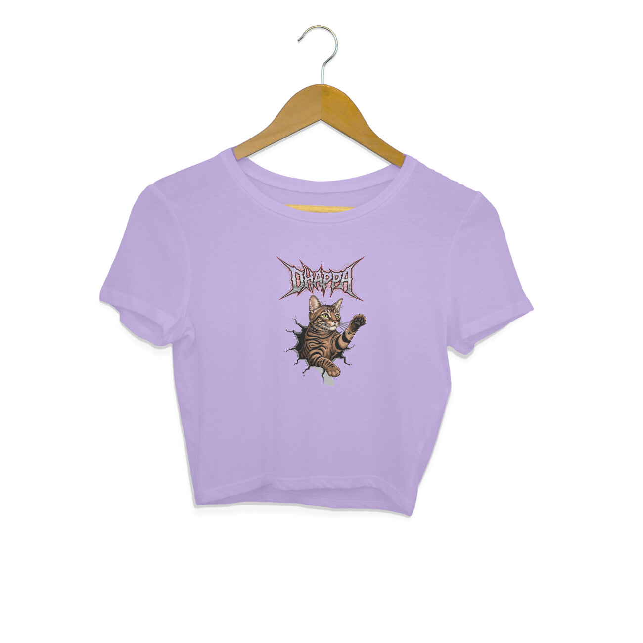 Iris Lavender Death Metal Kitty Crop Top | Edgy Tabby Cat Break Through Graphic Tee Crop Top