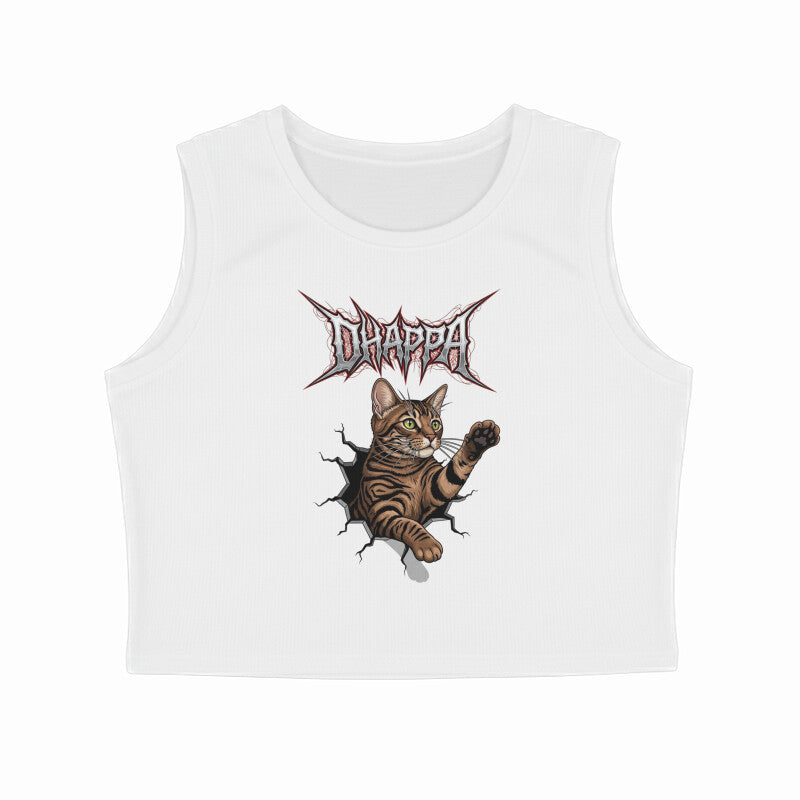 White Death Metal CHOPPA Cat Crop Tank Top - Humorous Tabby Kitty Ripped Design Tank Top