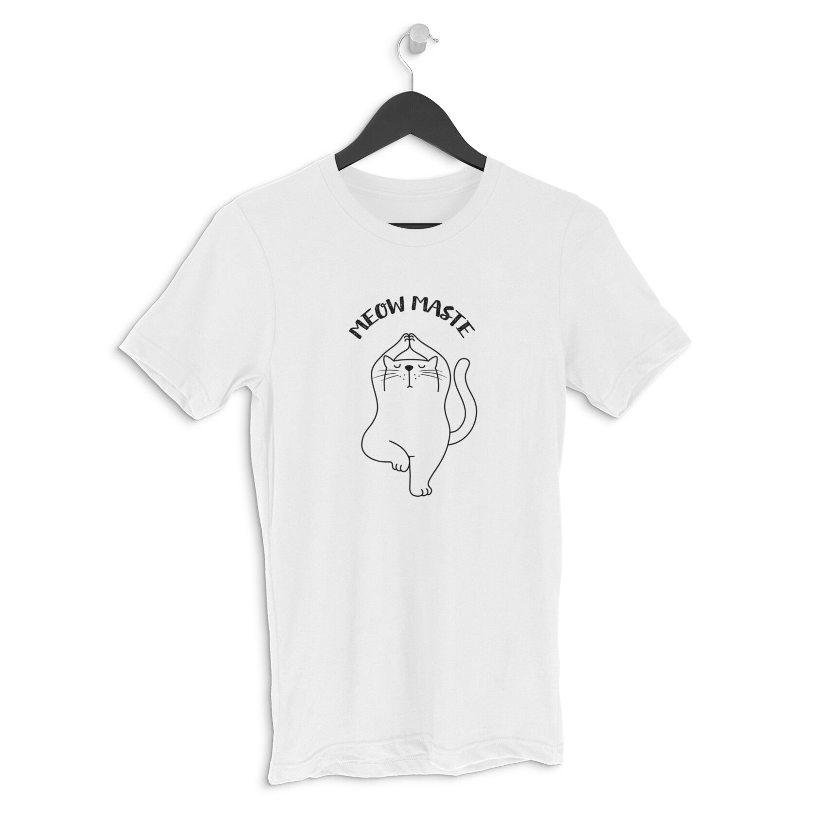 White Meowmaste Yoga Cat T-Shirt for Men - Funny Fitness Line Art Tshirt