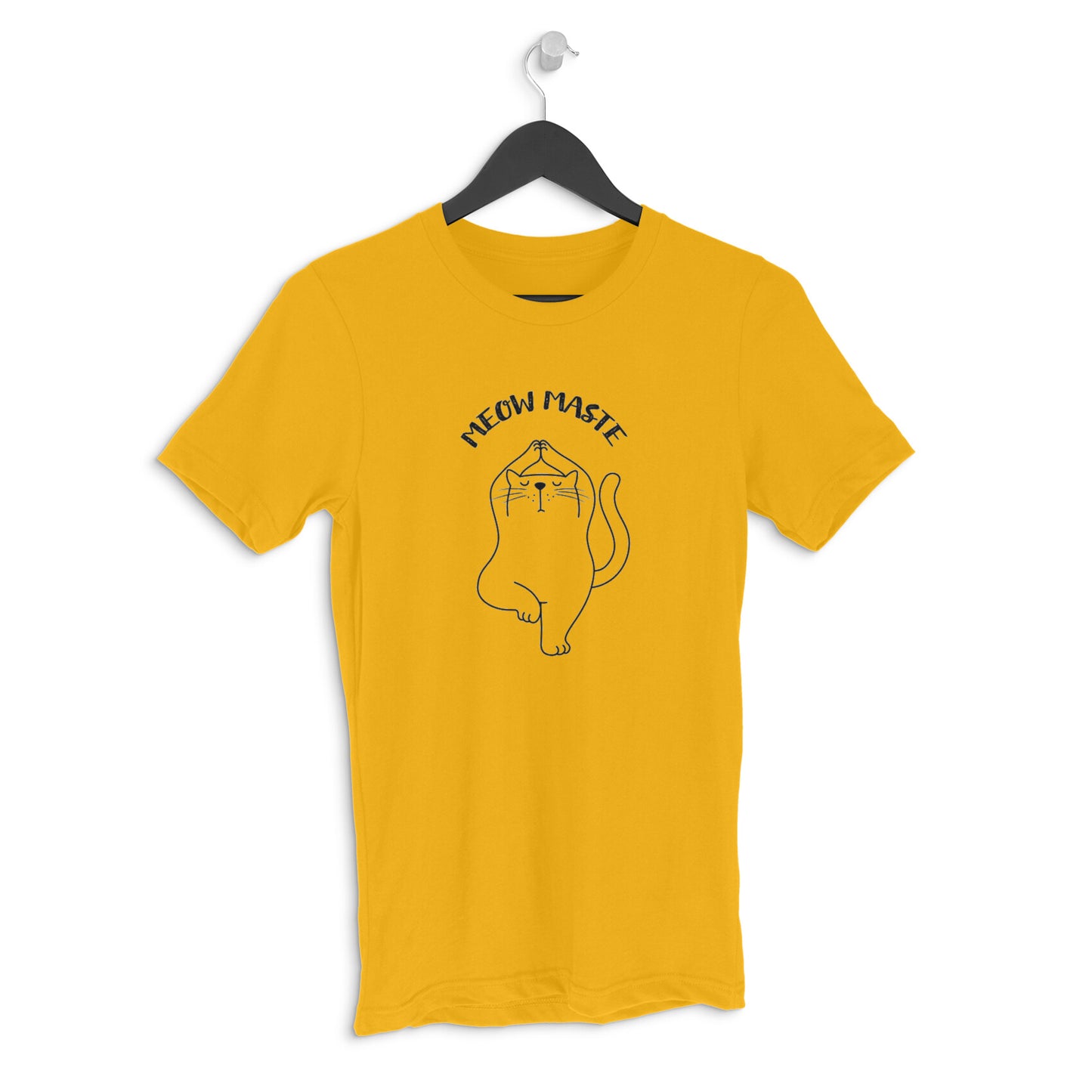 Golden Yellow Meowmaste Yoga Cat T-Shirt for Men - Funny Fitness Line Art Tshirt
