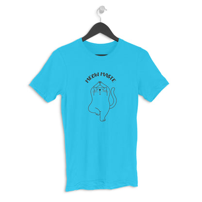Sky Blue Meowmaste Yoga Cat T-Shirt for Men - Funny Fitness Line Art Tshirt