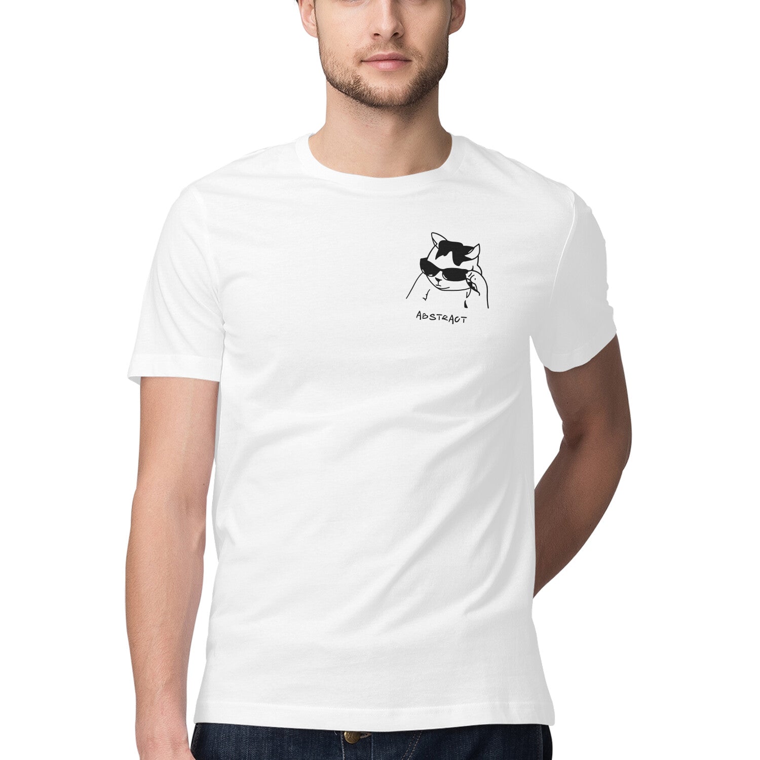 White Minimalist Cool Cat in Sunglasses Men's Half Sleeve T-Shirt | Ironic Pocket Sketch Logo Tshirt