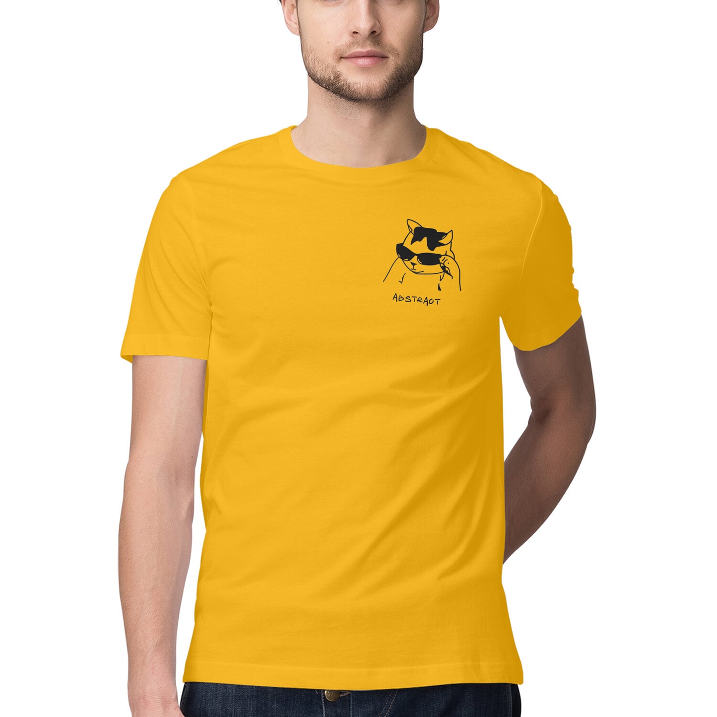 Golden Yellow Minimalist Cool Cat in Sunglasses Men's Half Sleeve T-Shirt | Ironic Pocket Sketch Logo Tshirt