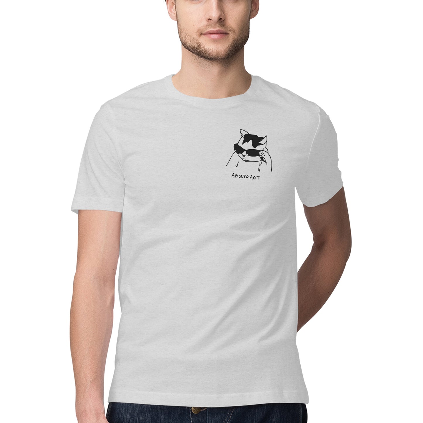 Melange Grey Minimalist Cool Cat in Sunglasses Men's Half Sleeve T-Shirt | Ironic Pocket Sketch Logo Tshirt