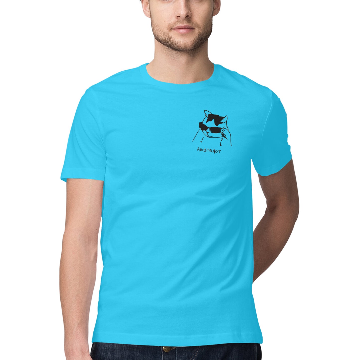 Sky Blue Minimalist Cool Cat in Sunglasses Men's Half Sleeve T-Shirt | Ironic Pocket Sketch Logo Tshirt