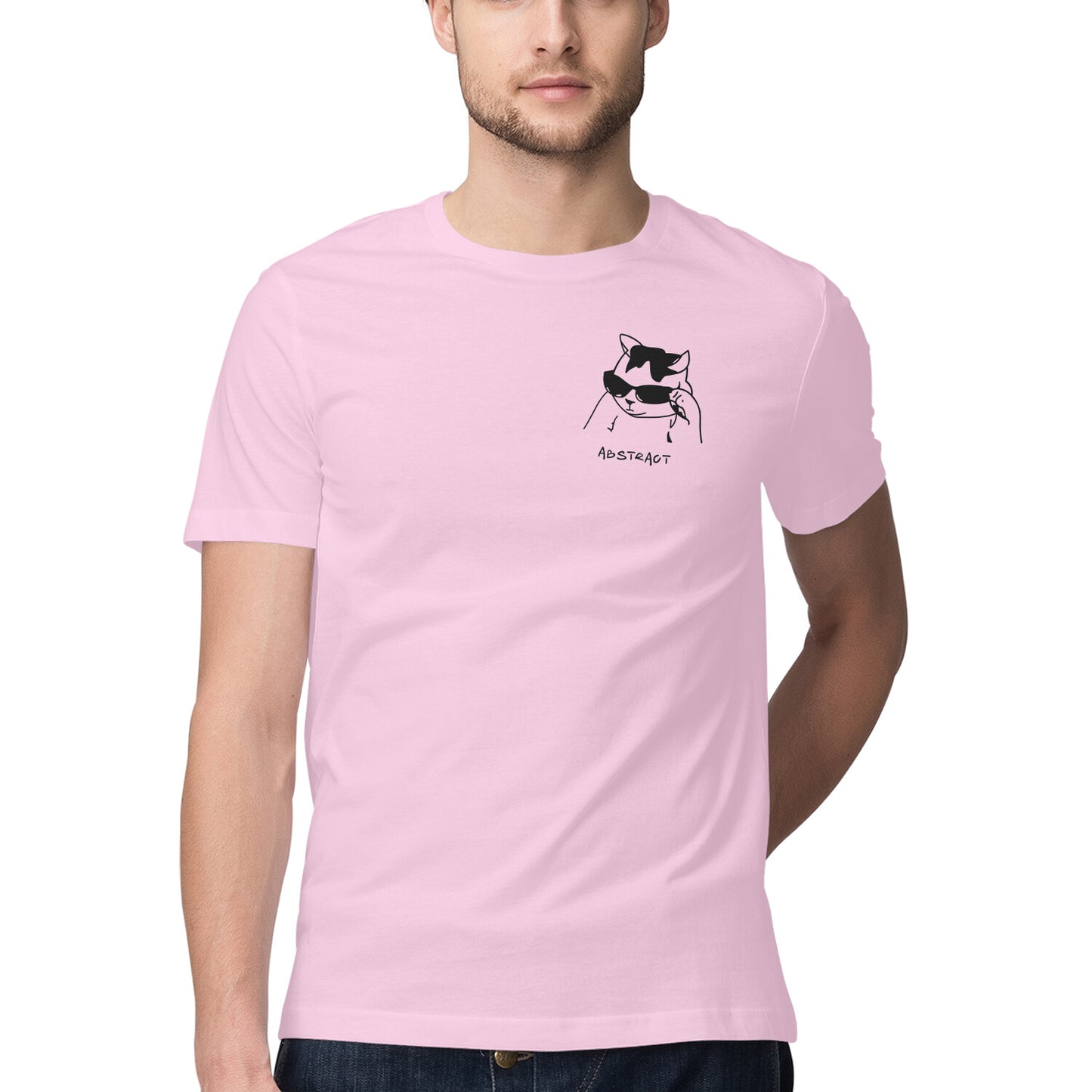 Light Pink Minimalist Cool Cat in Sunglasses Men's Half Sleeve T-Shirt | Ironic Pocket Sketch Logo Tshirt