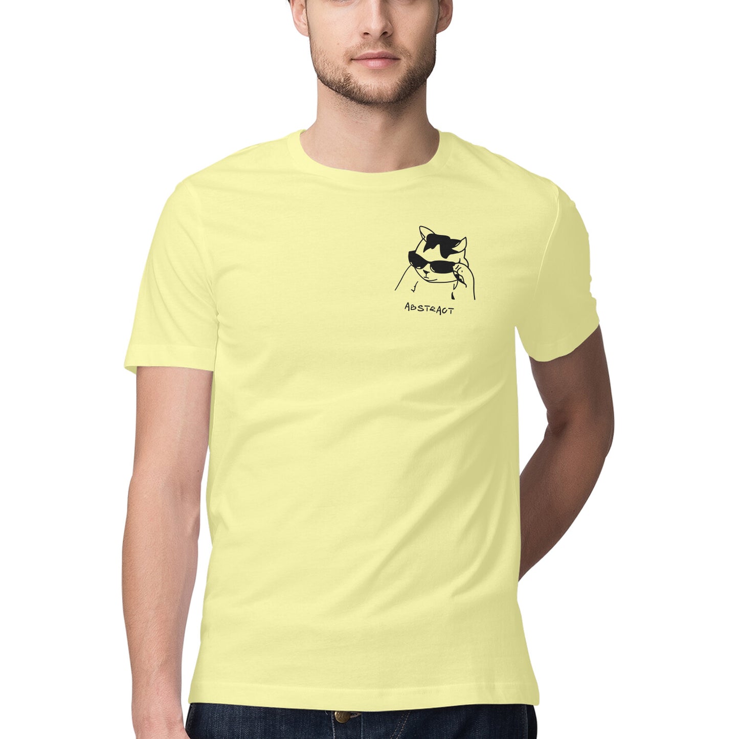 Butter Yellow Minimalist Cool Cat in Sunglasses Men's Half Sleeve T-Shirt | Ironic Pocket Sketch Logo Tshirt