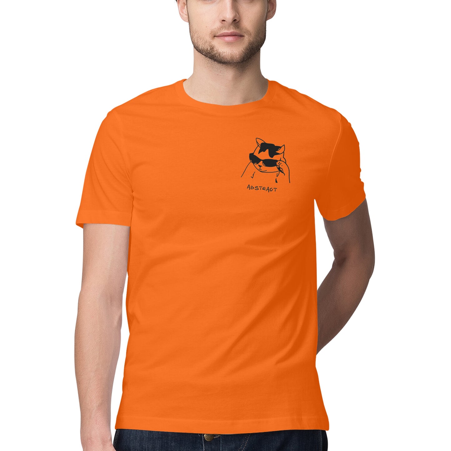 Orange Minimalist Cool Cat in Sunglasses Men's Half Sleeve T-Shirt | Ironic Pocket Sketch Logo Tshirt