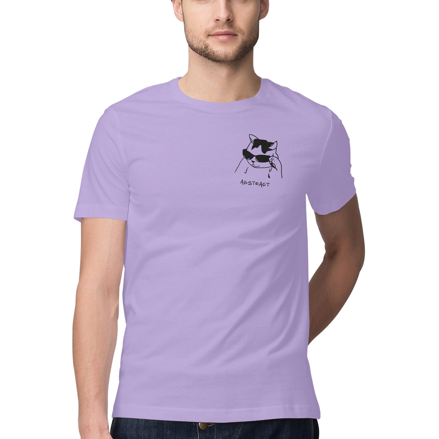 Iris Lavender Minimalist Cool Cat in Sunglasses Men's Half Sleeve T-Shirt | Ironic Pocket Sketch Logo Tshirt