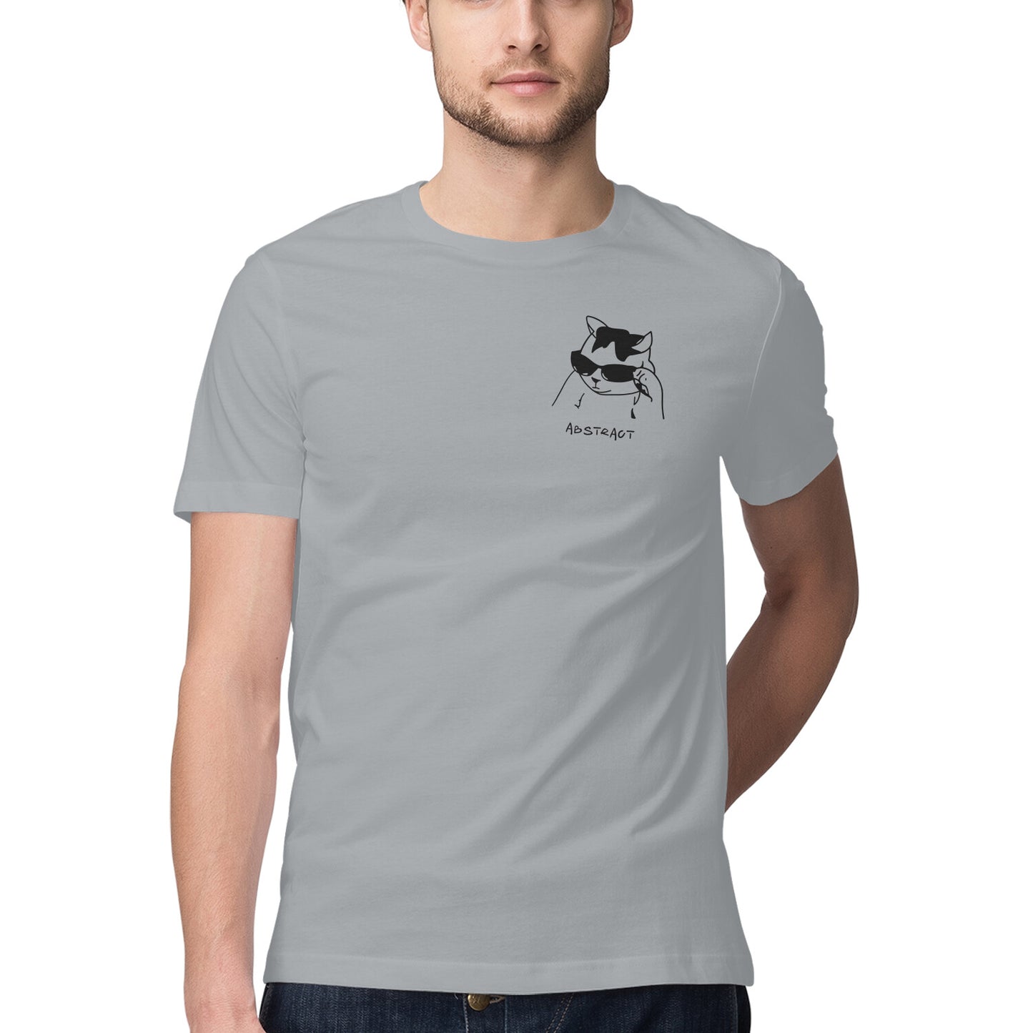 Silver Frost Minimalist Cool Cat in Sunglasses Men's Half Sleeve T-Shirt | Ironic Pocket Sketch Logo Tshirt