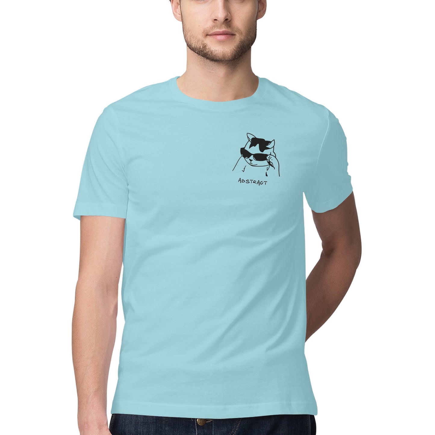 Surf Blue Minimalist Cool Cat in Sunglasses Men's Half Sleeve T-Shirt | Ironic Pocket Sketch Logo Tshirt
