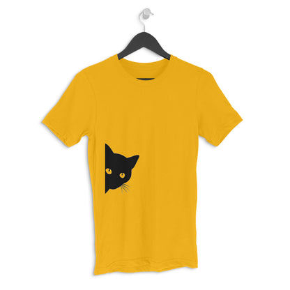 Golden Yellow Peeking Black Cat Silhouette Men's Half Sleeve TShirt | Curious Minimalist Graphic Tee Tshirt