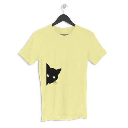 Butter Yellow Peeking Black Cat Silhouette Men's Half Sleeve TShirt | Curious Minimalist Graphic Tee Tshirt