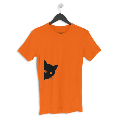 Orange Peeking Black Cat Silhouette Men's Half Sleeve TShirt | Curious Minimalist Graphic Tee Tshirt