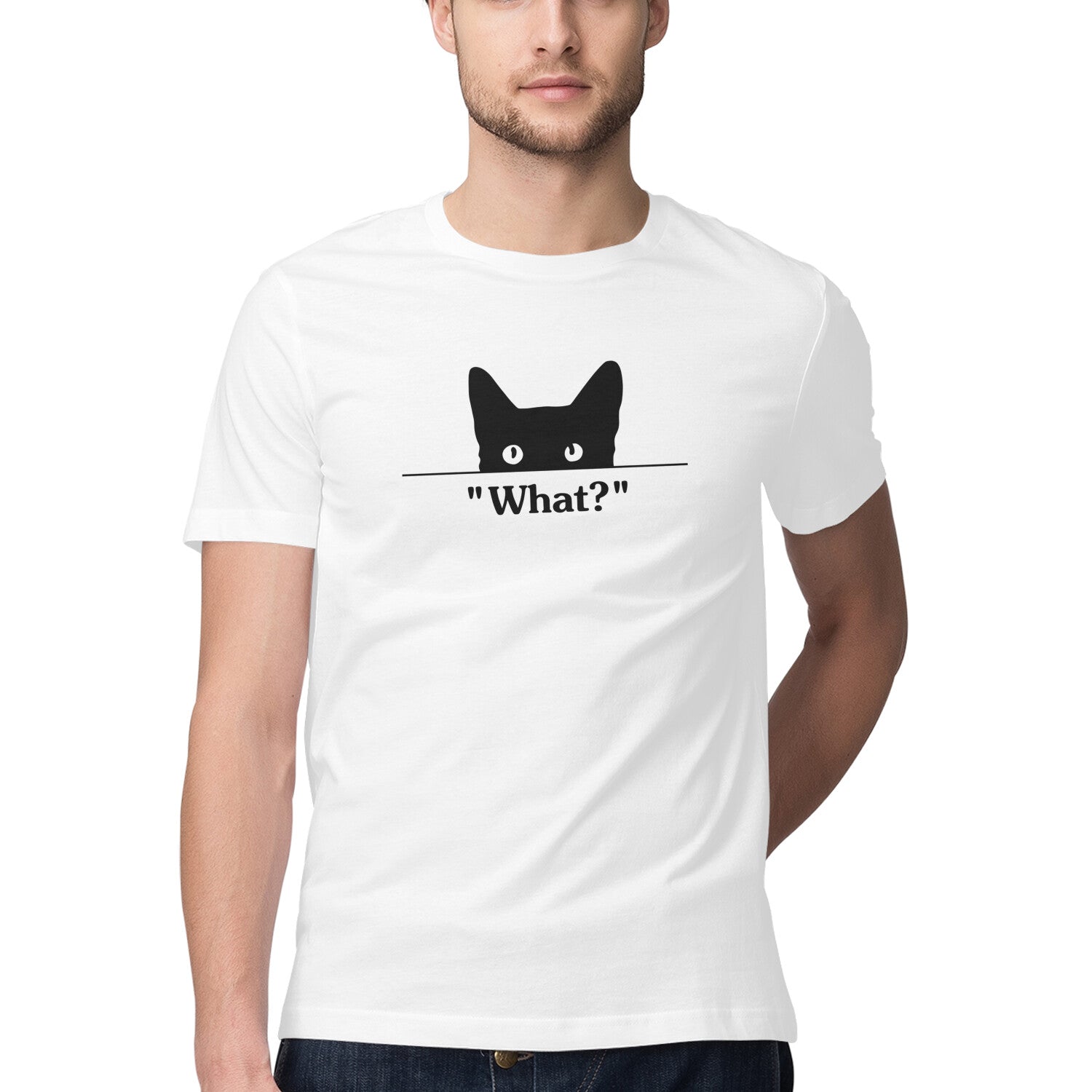 White Peeking Black Cat 'What?' Funny Graphic Men's T-Shirt Tshirt