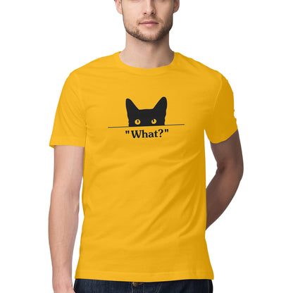 Golden Yellow Peeking Black Cat 'What?' Funny Graphic Men's T-Shirt Tshirt