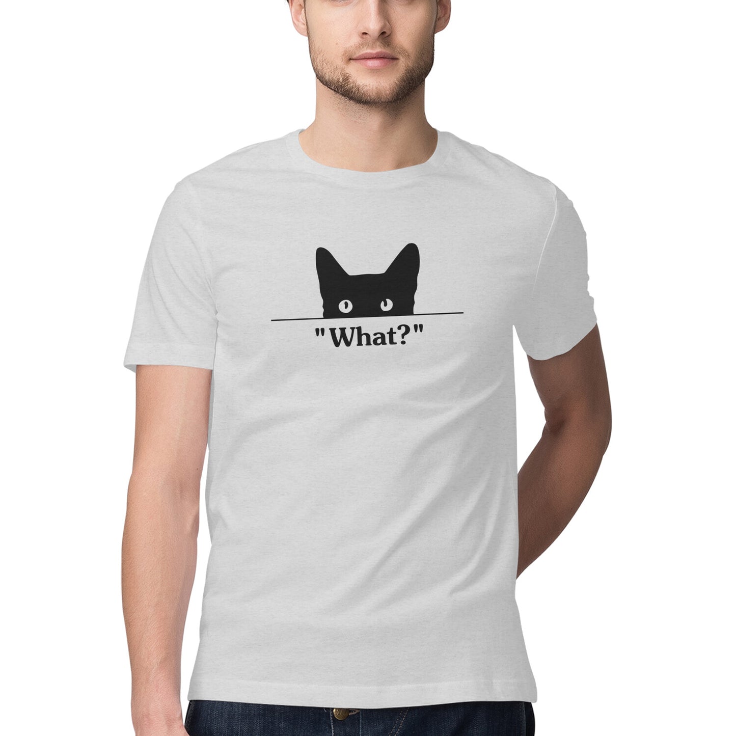 Melange Grey Peeking Black Cat 'What?' Funny Graphic Men's T-Shirt Tshirt