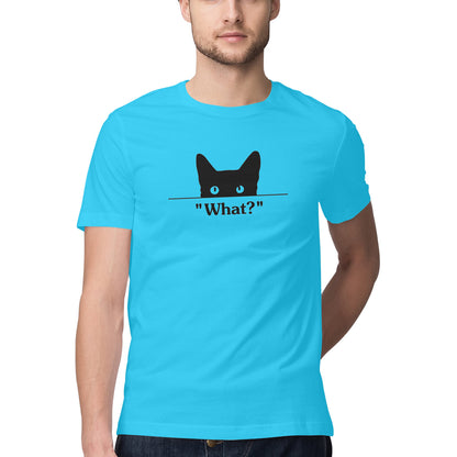 Sky Blue Peeking Black Cat 'What?' Funny Graphic Men's T-Shirt Tshirt