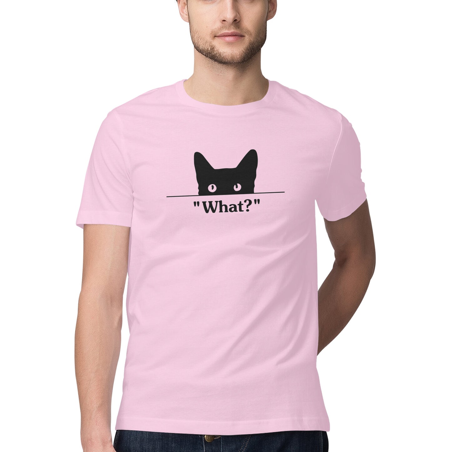 Light Pink Peeking Black Cat 'What?' Funny Graphic Men's T-Shirt Tshirt