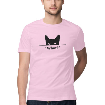 Light Pink Peeking Black Cat 'What?' Funny Graphic Men's T-Shirt Tshirt