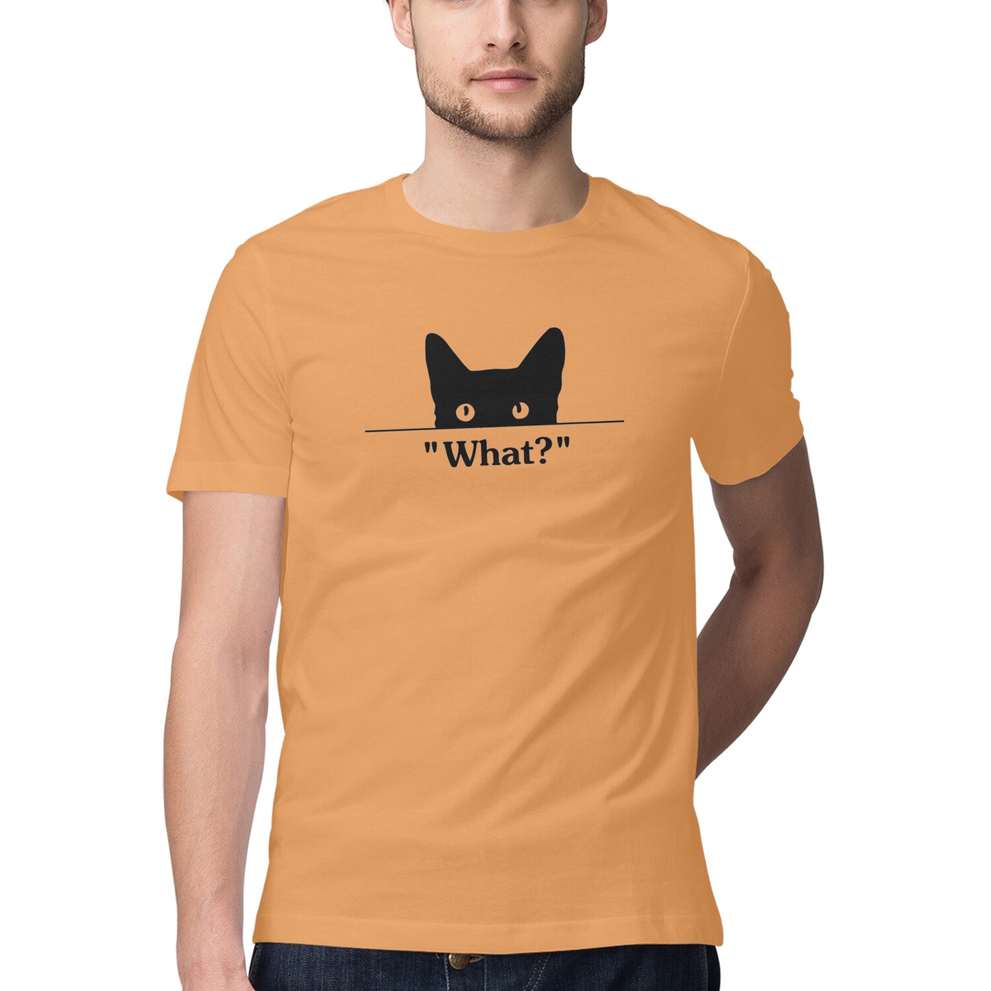 Mustard Yellow Peeking Black Cat 'What?' Funny Graphic Men's T-Shirt Tshirt