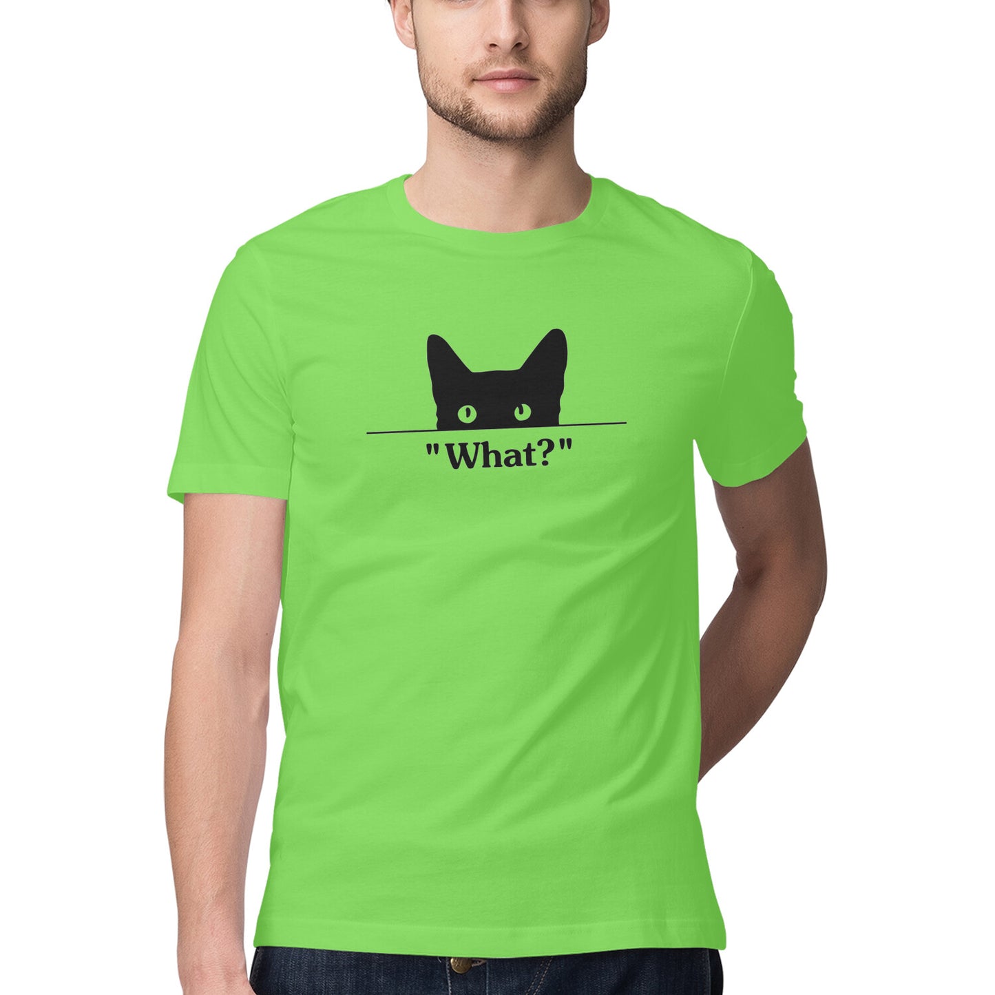Liril Green Peeking Black Cat 'What?' Funny Graphic Men's T-Shirt Tshirt