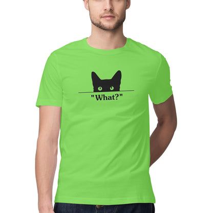 Liril Green Peeking Black Cat 'What?' Funny Graphic Men's T-Shirt Tshirt
