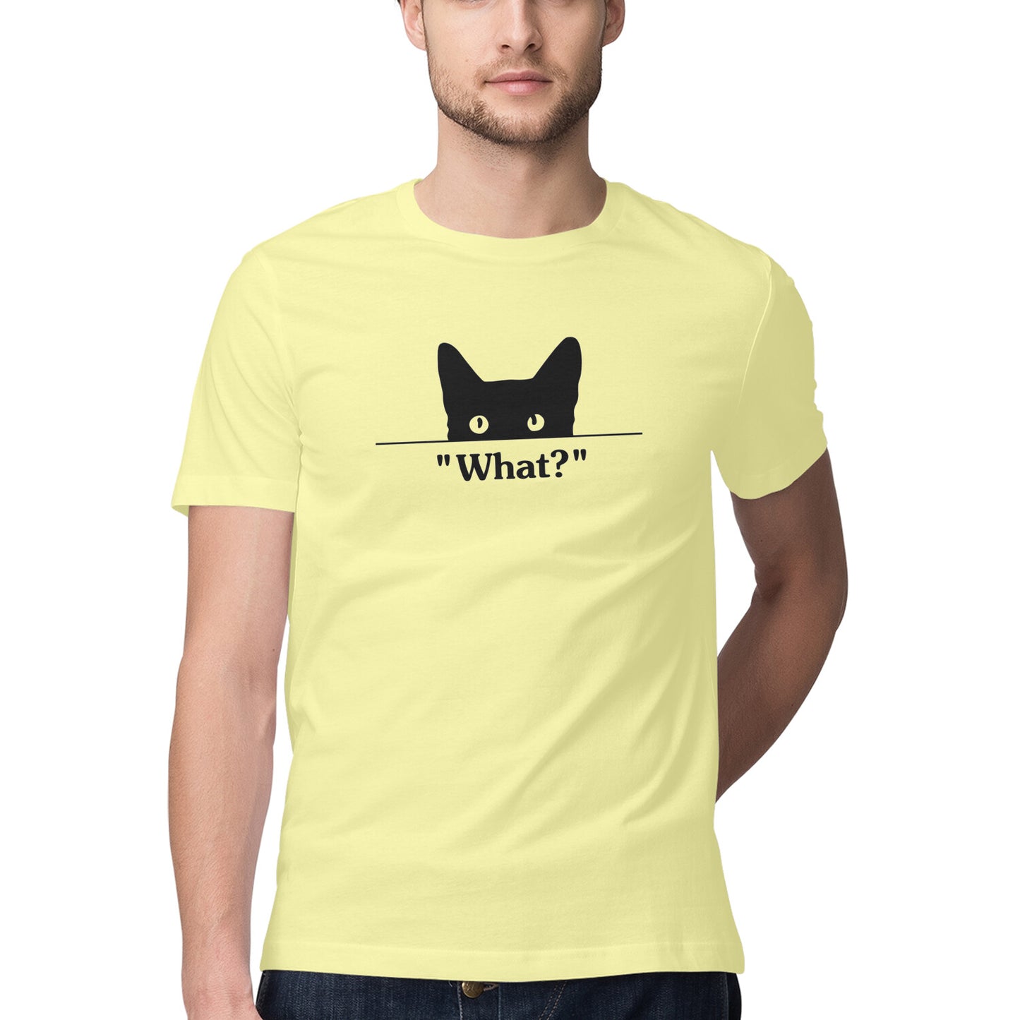 Butter Yellow Peeking Black Cat 'What?' Funny Graphic Men's T-Shirt Tshirt