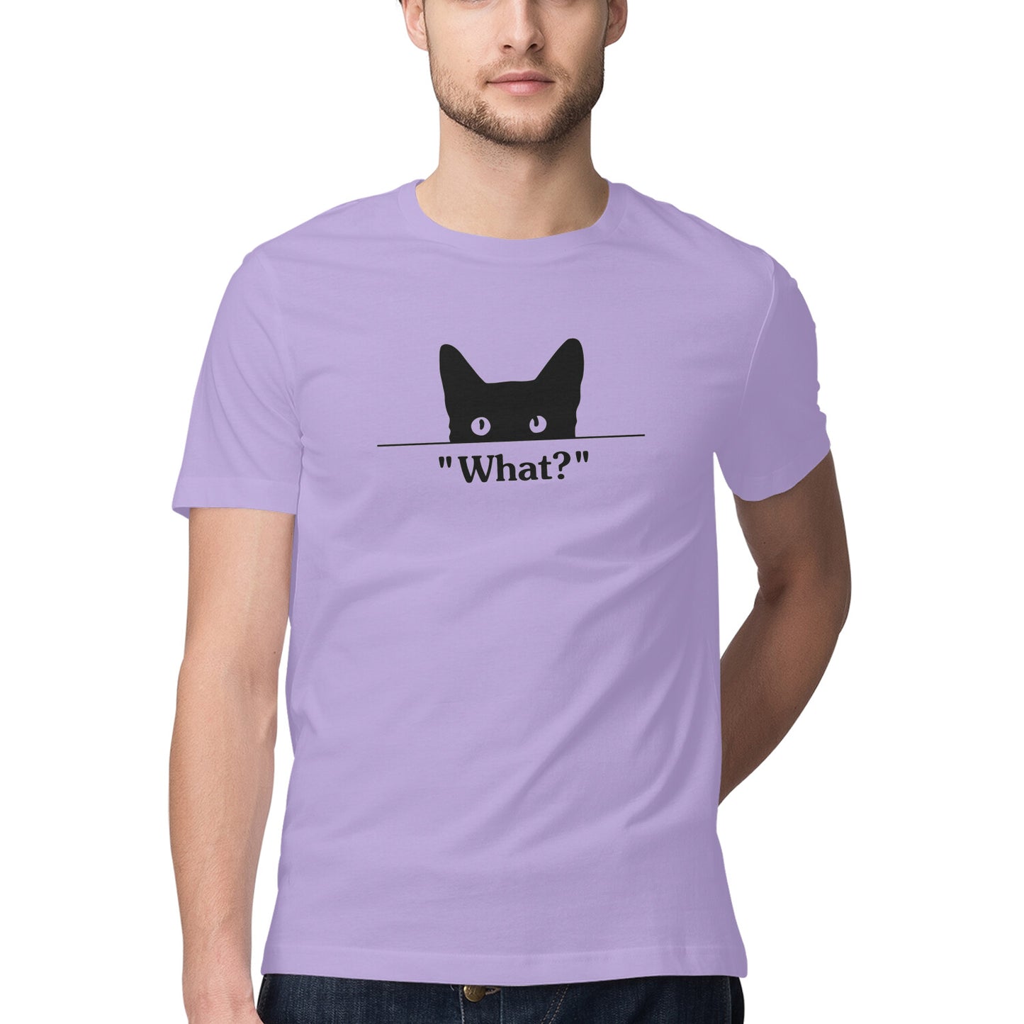 Iris Lavender Peeking Black Cat 'What?' Funny Graphic Men's T-Shirt Tshirt