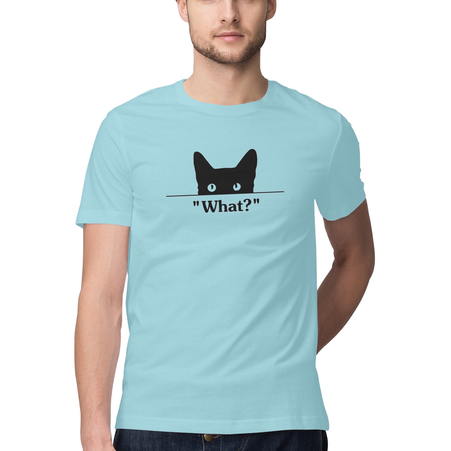 Surf Blue Peeking Black Cat 'What?' Funny Graphic Men's T-Shirt Tshirt
