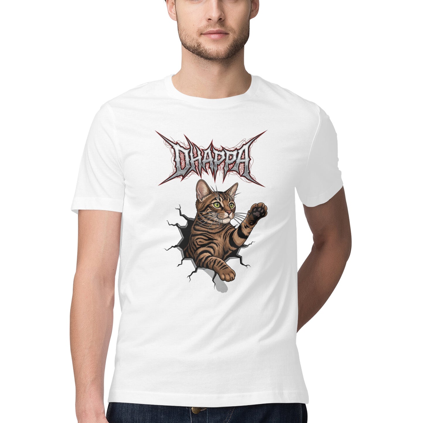White DHAPPA Heavy Metal Tabby Cat Breaking Through Men's Half Sleeve TShirt Tshirt