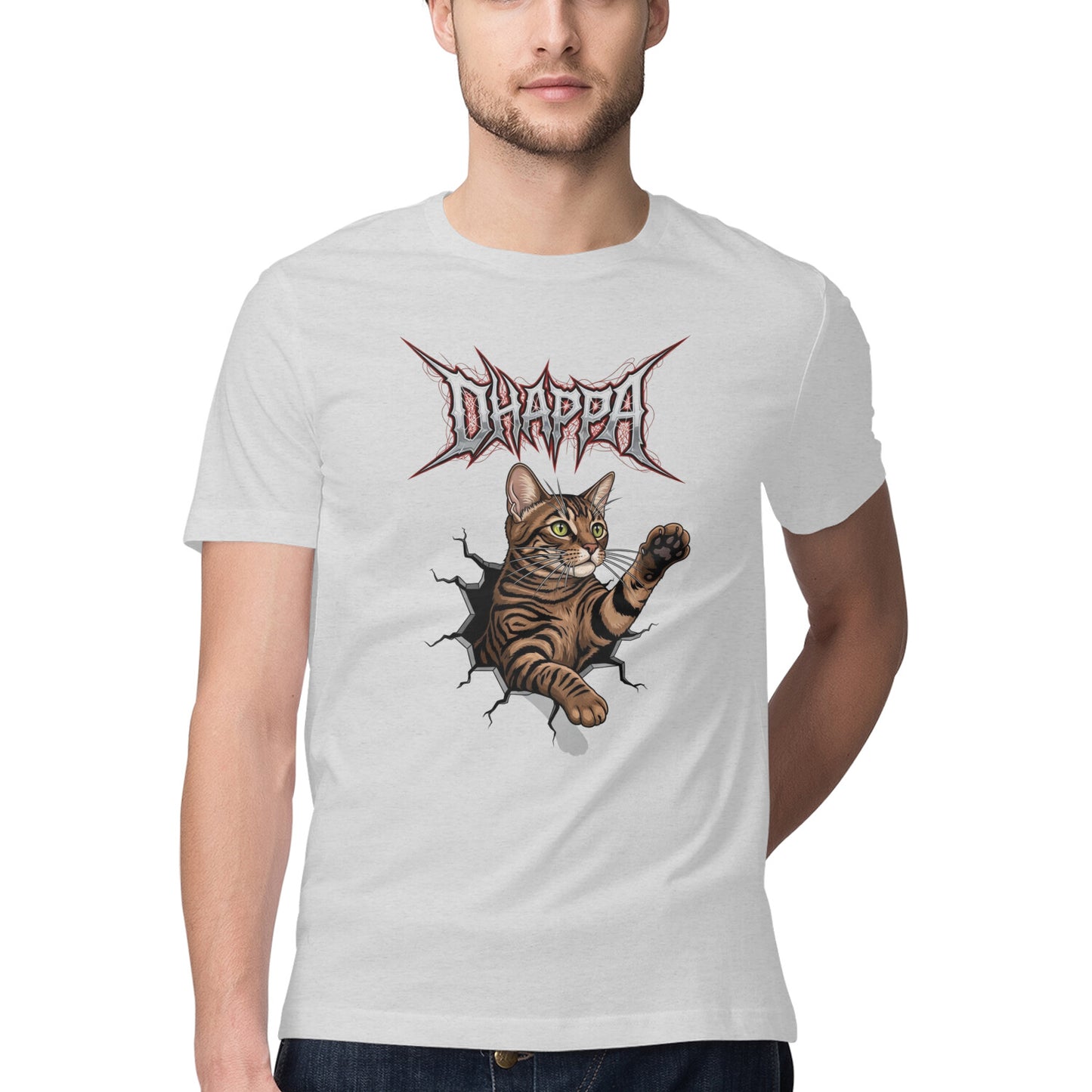 Melange Grey DHAPPA Heavy Metal Tabby Cat Breaking Through Men's Half Sleeve TShirt Tshirt