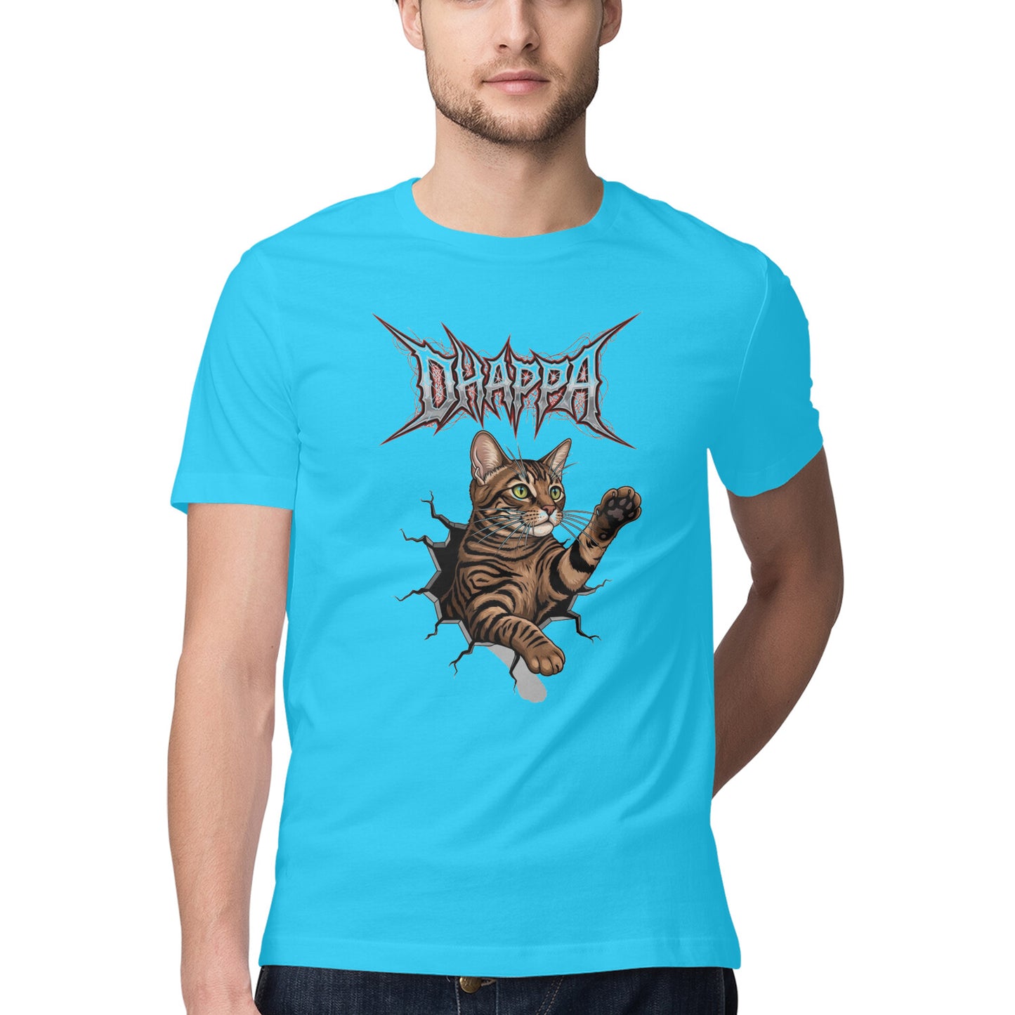 Sky Blue DHAPPA Heavy Metal Tabby Cat Breaking Through Men's Half Sleeve TShirt Tshirt