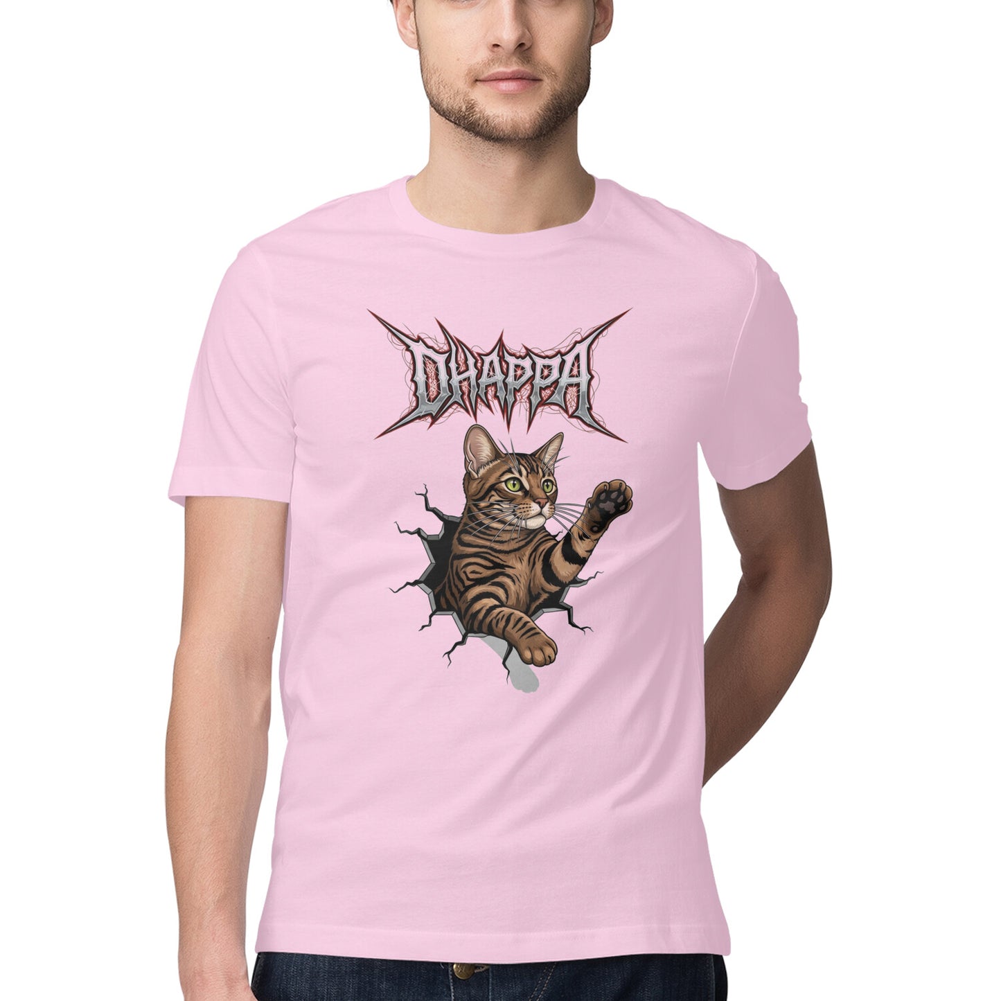 Light Pink DHAPPA Heavy Metal Tabby Cat Breaking Through Men's Half Sleeve TShirt Tshirt