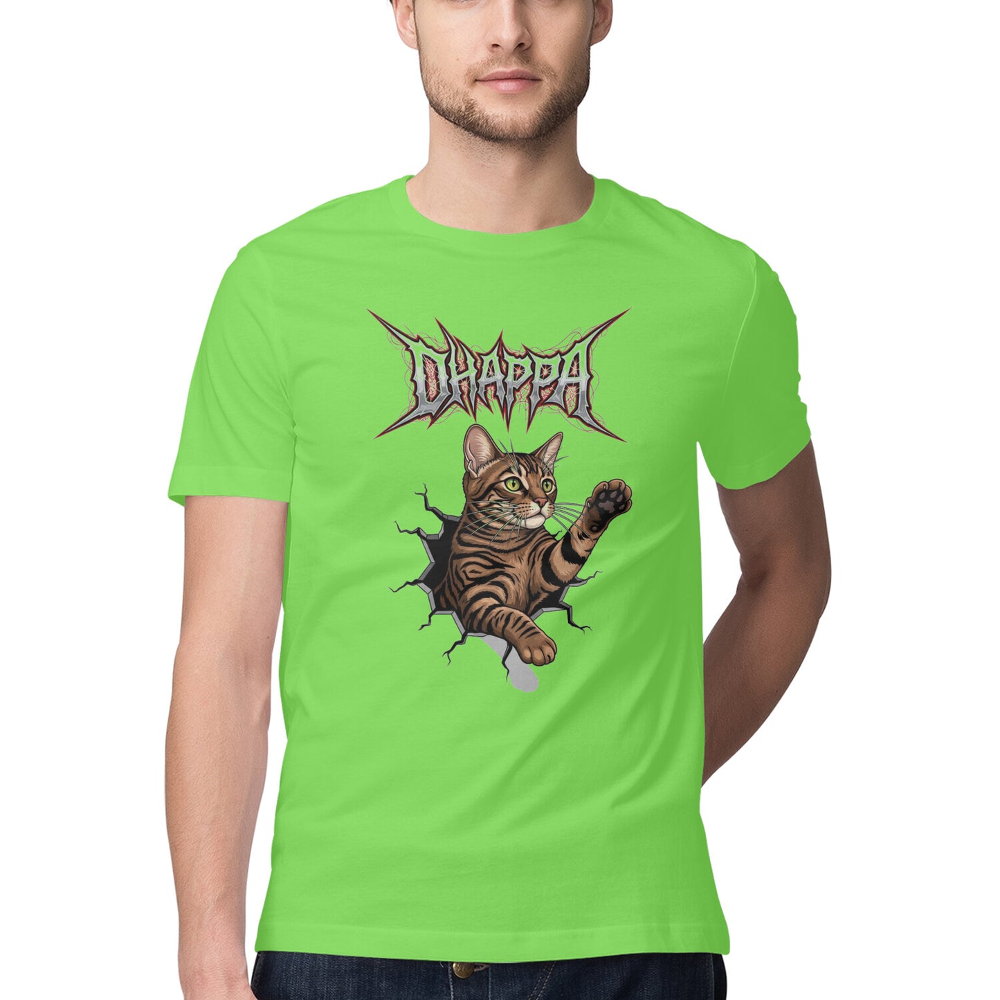 Liril Green DHAPPA Heavy Metal Tabby Cat Breaking Through Men's Half Sleeve TShirt Tshirt