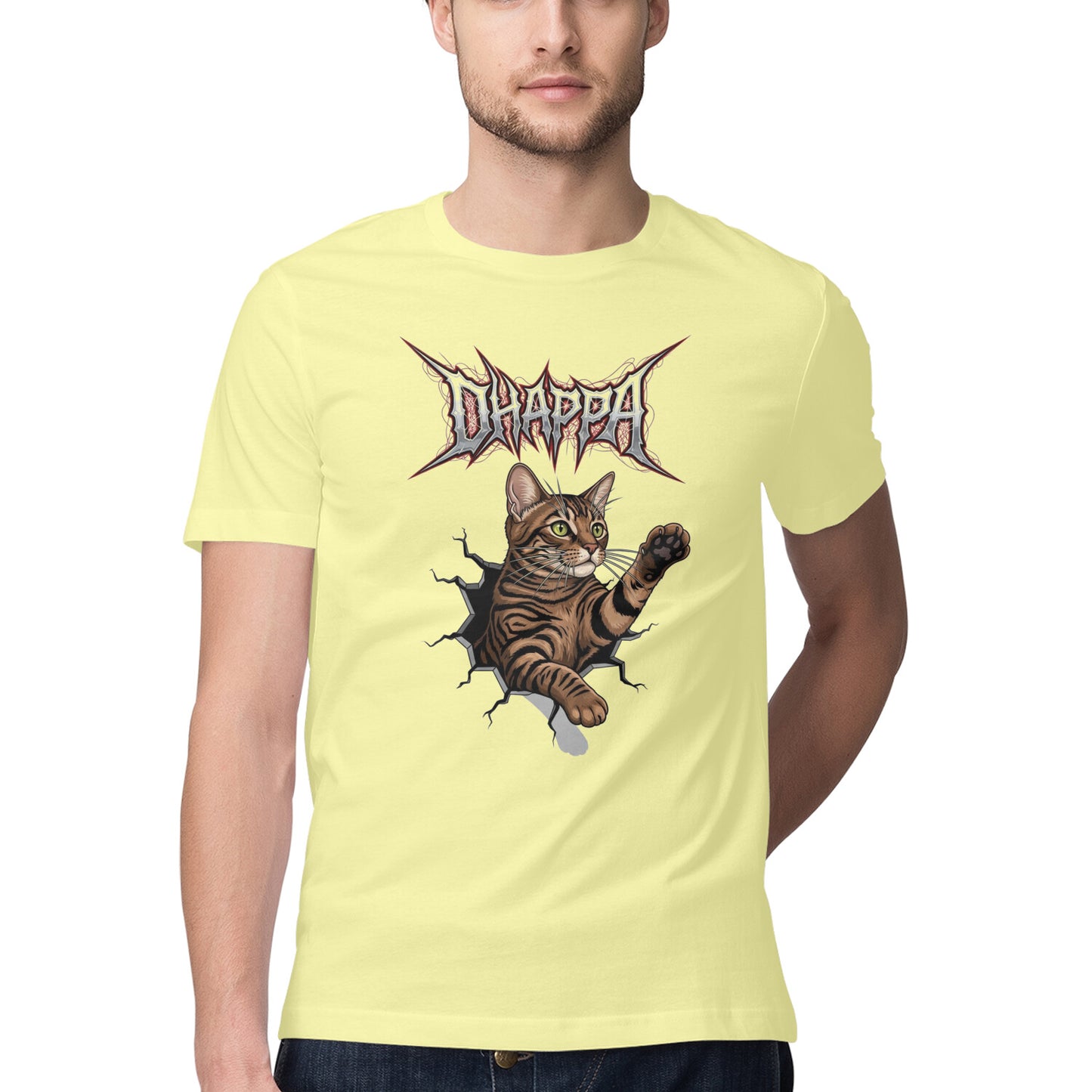 Butter Yellow DHAPPA Heavy Metal Tabby Cat Breaking Through Men's Half Sleeve TShirt Tshirt