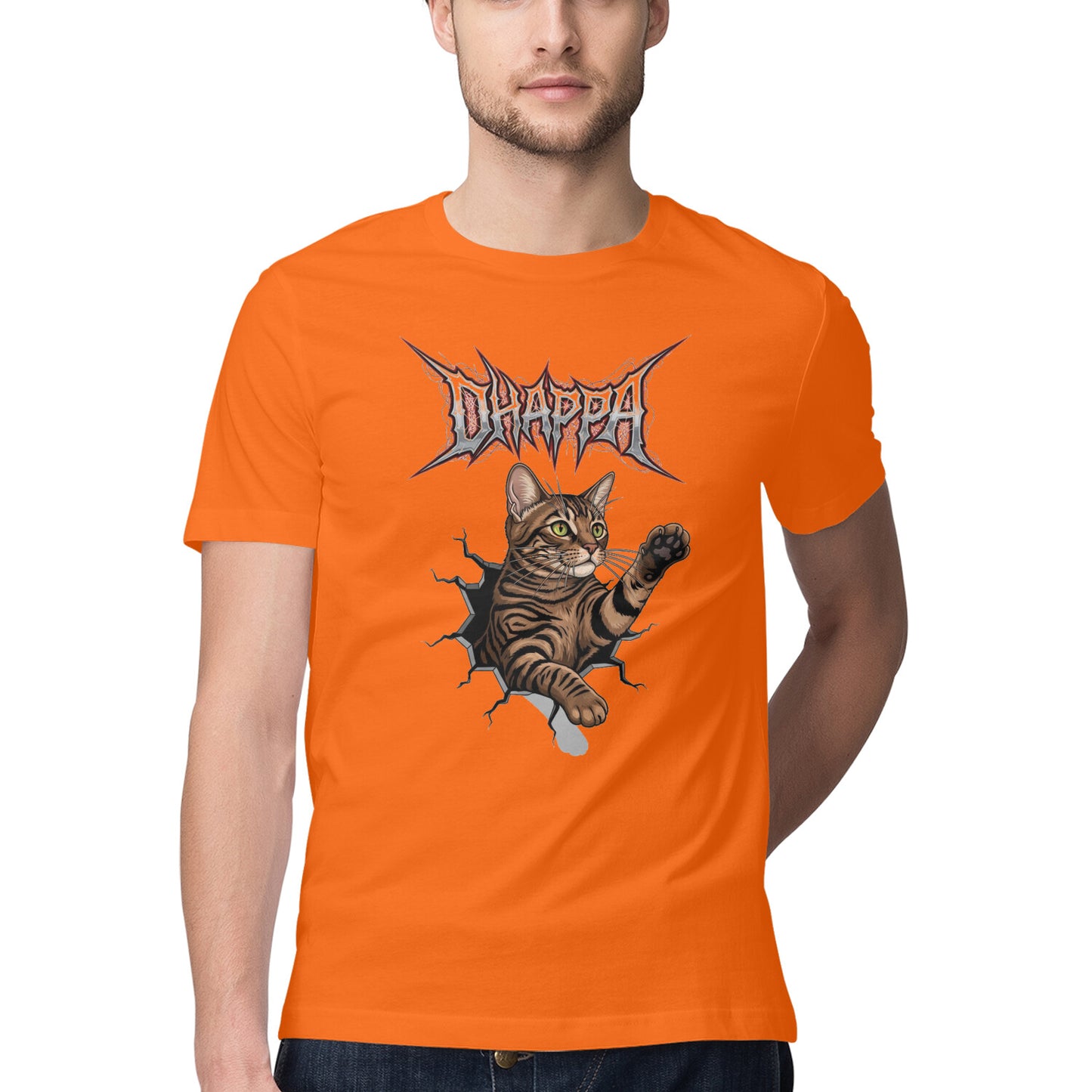 Orange DHAPPA Heavy Metal Tabby Cat Breaking Through Men's Half Sleeve TShirt Tshirt