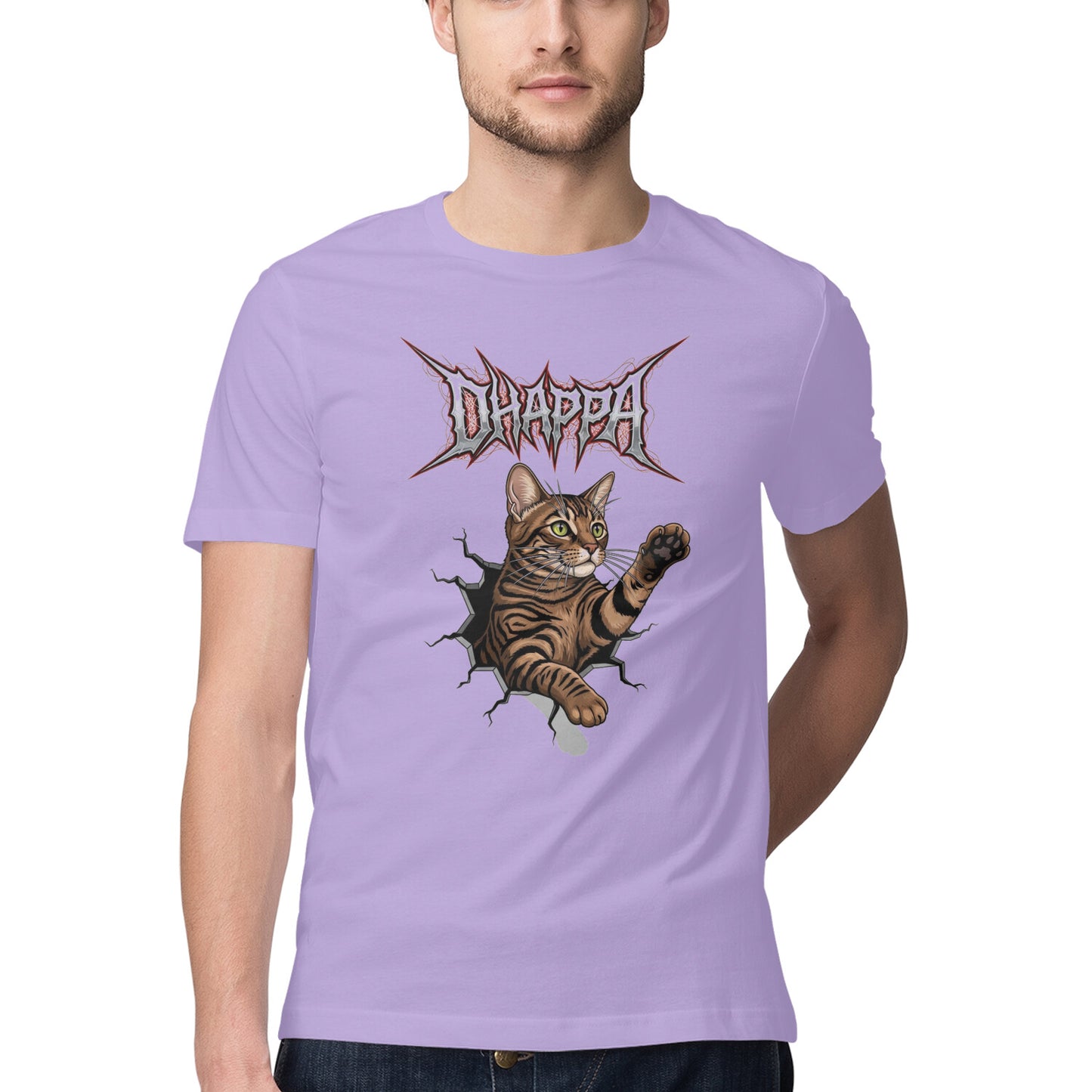Iris Lavender DHAPPA Heavy Metal Tabby Cat Breaking Through Men's Half Sleeve TShirt Tshirt