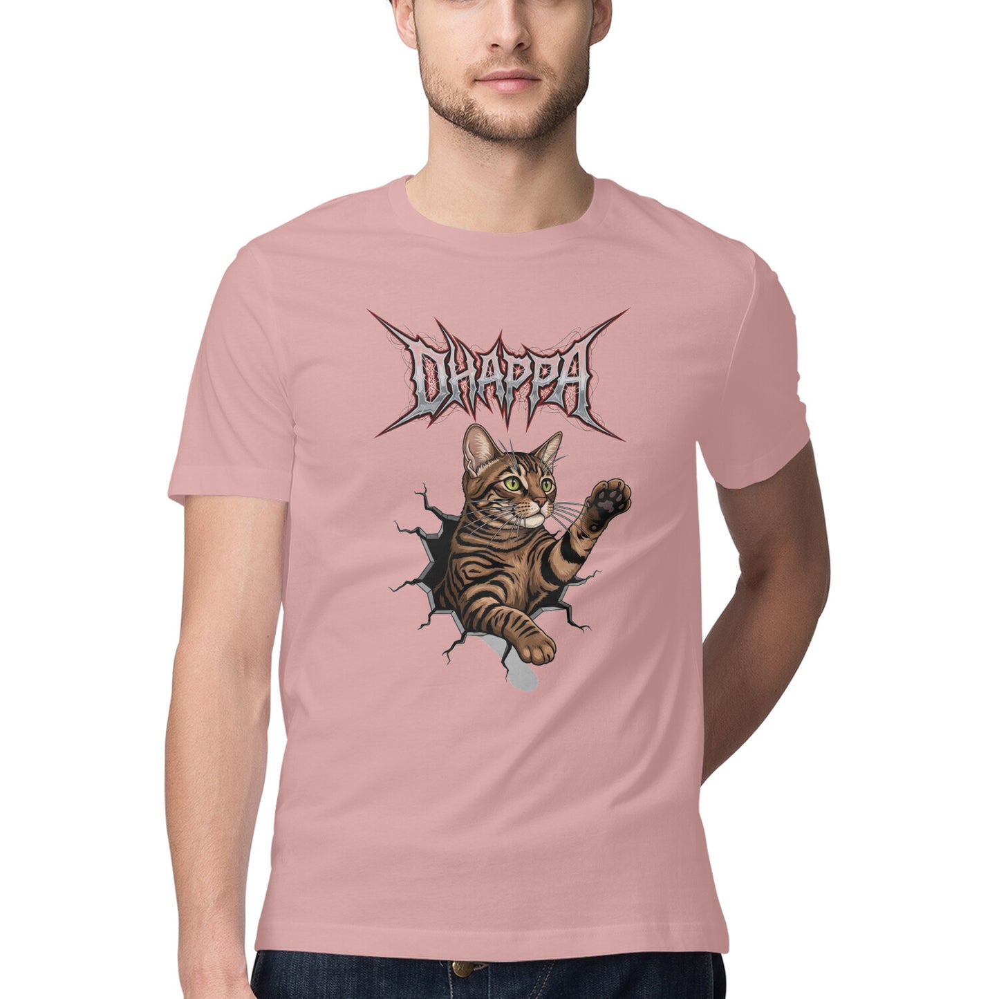Pastel Dusty DHAPPA Heavy Metal Tabby Cat Breaking Through Men's Half Sleeve TShirt Tshirt