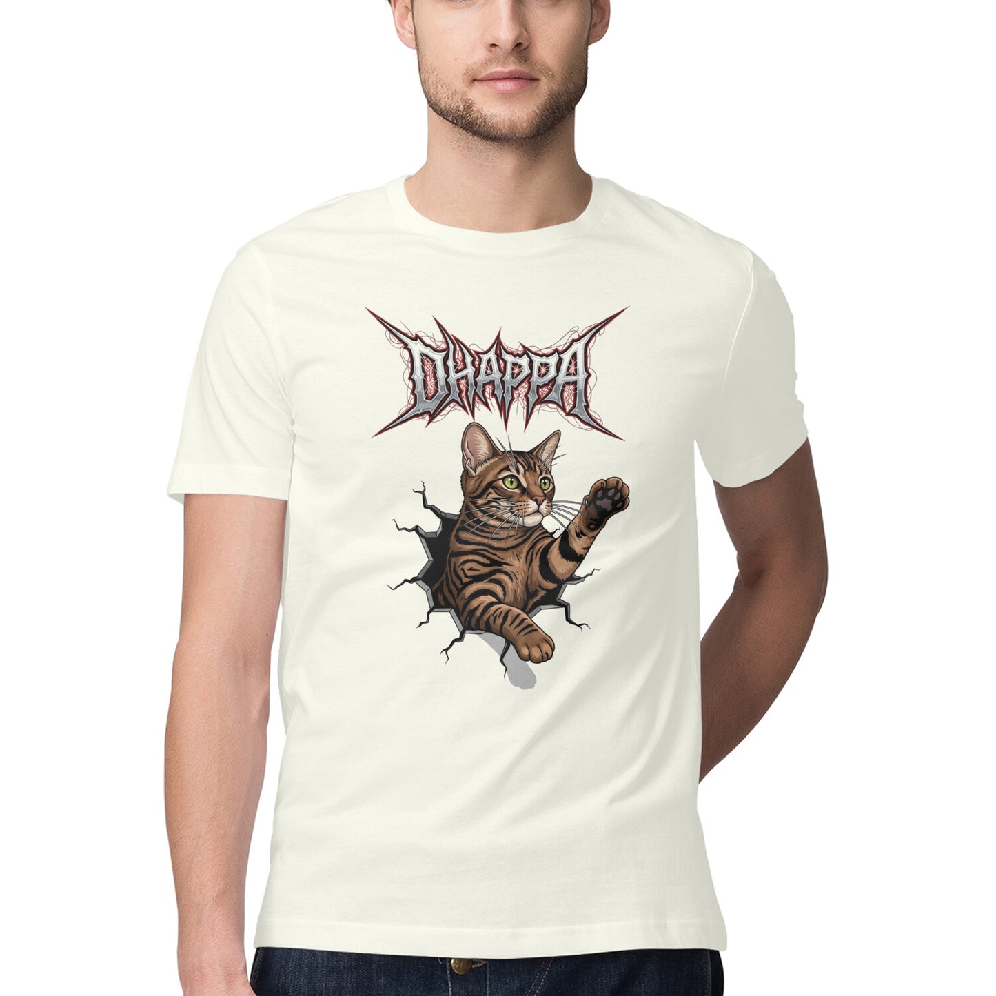 Ivory DHAPPA Heavy Metal Tabby Cat Breaking Through Men's Half Sleeve TShirt Tshirt